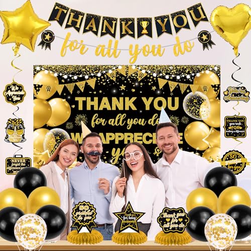 Vlipoeasn We Appreciate You Banner Decorations, Black Gold Thank You for All You Do Backdrop Banner Honeycomb Centerpieces, Retirement Office Decor Staff Teachers Professors Doctor Nurses Appreciation - style: Black Gold