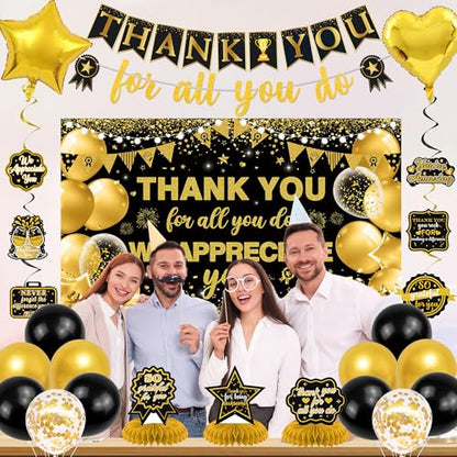 Vlipoeasn We Appreciate You Banner Decorations, Black Gold Thank You for All You Do Backdrop Banner Honeycomb Centerpieces, Retirement Office Decor Staff Teachers Professors Doctor Nurses Appreciation - style: Black Gold