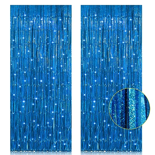 2 Pack 3.2ft x 8.2ft Blue Foil Fringe Curtains Photo Backdrop Party Decorations, Metallic Tinsel Foil Fringe Streamer Curtain for Party Door Wall Curtain Bachelorette Christmas New Year Decorations - color: Blue