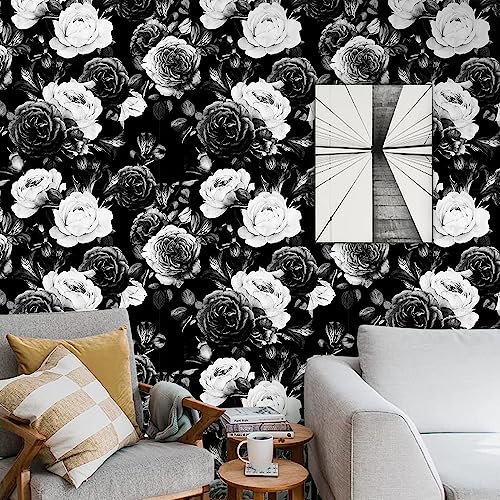 Black/White Vintage Floral Peel and Stick Wallpaper Removable Wallpaper Decorative Contact Paper Self-Adhesive for Bedroom Living Room Neutral Wind 17.71 in X 236.2 in - color: Floral-05, size: 17.71" x 236.2"