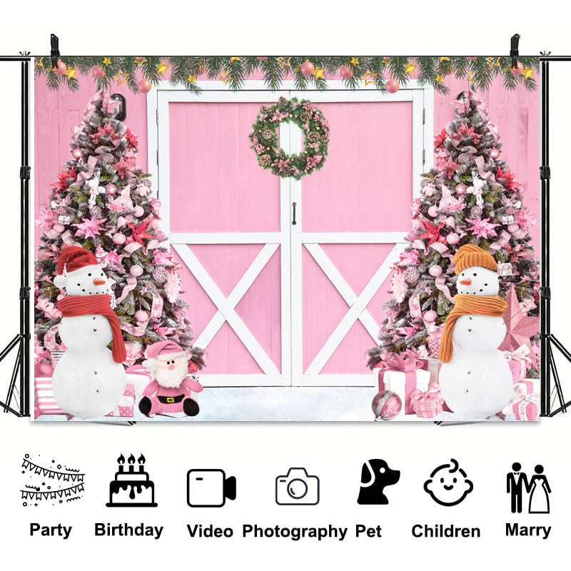 20 x 10 ft Christmas Photography Backdrop, Pink Xmas Tree Winter Snowing Christmas Hili Barn Door Photo Shoot Props Backround Party Banner Decoration - size: 20x 10 ft