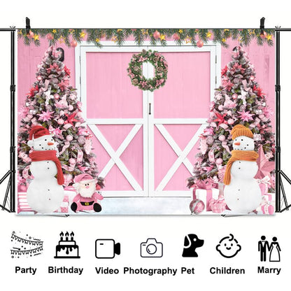 12 x 10 ft Christmas Photography Backdrop, Pink Xmas Tree Winter Snowing Christmas Hili Barn Door Photo Shoot Props Backround Party Banner Decoration - size: 12 x 10 ft