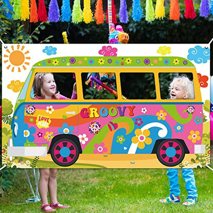 60's Hippie Bus Photo Prop 60s Party Decorations Large Fabric Retro Groovy Van Prop Hippie Selfie Frame Backdrop Background Banner Birthday Party Supplies Retro 60s 70s Party Favors 65.8 x 35.4 Inch - style: 60's Hippie