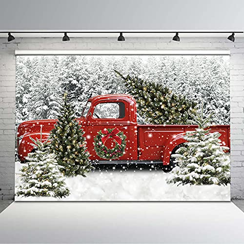 Avezano Christmas Vintage Red Truck with Tree Backdrop Winter Snowy Forest Tree Background Xmas Winter Holiday Family Kids Portraits Backdrops Photoboot Props (10x8) - size: 10x8