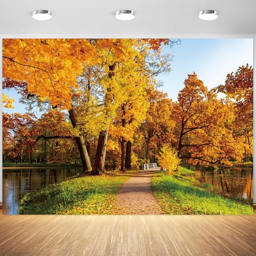 5x4ft Fall Backdrop Autumn Scenery Photography Tree and Yellow Fall Leaves Pond Natural Landscape Background Decorations Portraits Supplies Photo Studio Props - color: Green, size: 5x4ft
