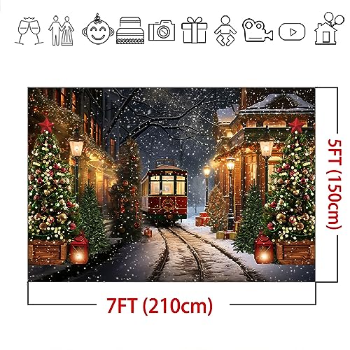 Mocsicka Christmas Train Backdrop for Photography Christmas Town Winter Train Xmas Snow Railway Christmas Tree Party Background Wonderland Snowflake Portrait Photo Studio Props (7x5ft) - size: 7x5ft