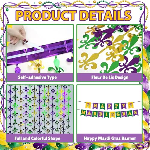 OQOQ Mardigras Decor Backdrops Kit, 2 Pcs Purple Green Gold Fleur De Lis Tinsel Foil Curtains & 1 Set Paper Banner Large Photo Booth Props Carnival Party Fat Tuesday Celebration Supplies - color: Purple Green Gold