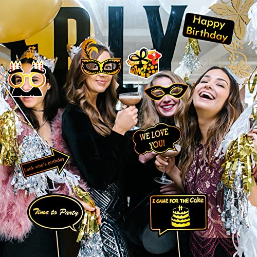 Qpout Black and Gold Photo Booth Props (35 Count) for Kids Adults Birthday Party - Funny Chic Selfie Props With Bamboo Sticks & Stickers