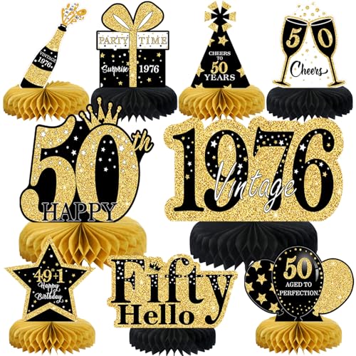 9 Pcs 50th Birthday Decorations Honeycomb Centerpieces for Women Men, Black Gold 1976 Aged to Perfection Vintage Centerpieces for Tables Toppers,Fifty Years Party Decorations Supplies - color: Black Gold 50th