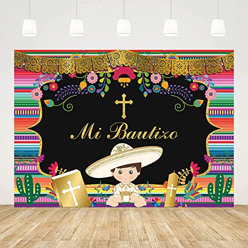 AIBIIN 7x5ft Mi Bautizo Backdrop for Boys Mexican Baptism Party Decorations God Bless First Holy Communion Photography Background Mexican Fiesta Cactus Photo Props - color: Boy