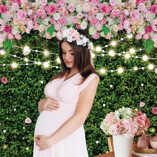 7x5FT Flower Wall Backdrop Pink Rose Green Leaves Glitter Background Girls Women Birthday Party Wedding Bridal Shower Parties Portraits Photo Studio Shoot