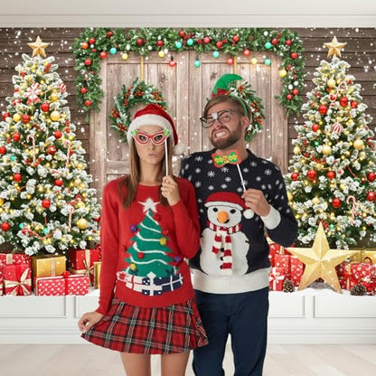 Christmas Backdrop for Photography 7x5Ft Winter Scene with Tree Christmas Photo Backdrop Party Derorations Rustic Barn Wood Door Family Xmas Holiday Party Wall Decor 82X59inch