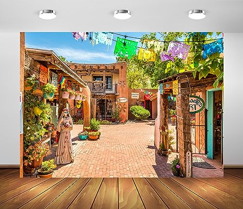 BELECO 6x4ft Fabric New Mexico Old Town Street Backdrop Vintage Shops Restaurants Colorful Paper Flags Mexican Fiesta Background Day of The Dead Backdrop Mexican Theme Party Decorations Photo Props - size: 6x4FT
