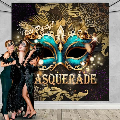 Masquerade Backdrop, Mardi Gras Luxury Glitter Gold Retro Backdrops for Ball Dance Mask Birthday Party Photography Decorations Supplies Favors Banner Photo Booth Props, 10 x 10 ft - size: 10x10ft