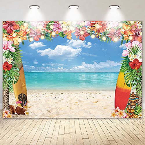 7x5ft Summer Hawaiian Beach Backdrop for Photography Tropical Flower Luau Hawaiian Party Decorations Aloha Blue Sky Ocean Palm Leaves Background Supplies Photoshoot - size: 7'x5'