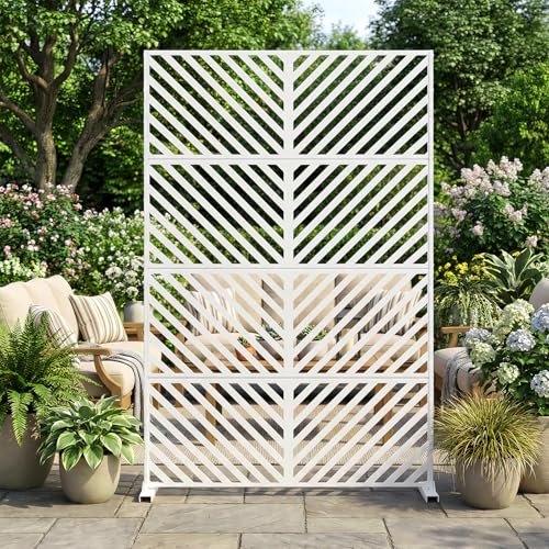 DoCred Metal Privacy Screen, 71" H X 45.7" W Freestanding Rustproof Steel Privacy Panels, Metal Outdoor Privacy Screens Decorative Fence with Stand for Deck, Patio, Backyard & Balcony - color: White Slant Pattern, size: 71" H x 45.7" W