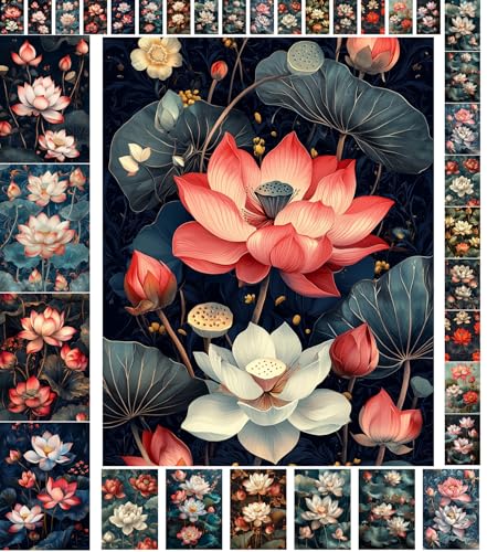 Decoupage Paper Pack (35 Sheets 6"x8") Lotus Serenity: Beautifully Detailed Lotus Flowers in Soft Pinks and Whites, Set Against Dark, Tranquil Backgrounds for Peaceful Elegance FLONZ Vintage - color: Six