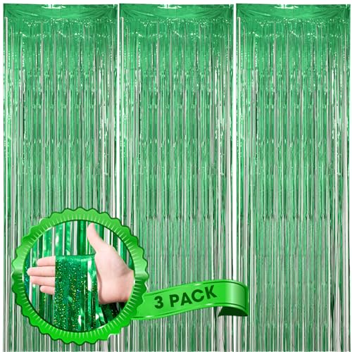 Voircoloria 3 Pack 3.3 x 8.2 ft Laser Green Foil Fringe Backdrop Curtains, Tinsel Streamers Birthday Party Decorations, Fringe Backdrop for Graduation, Baby Shower, Gender Reveal, Disco Party - color: 21 Laser Green
