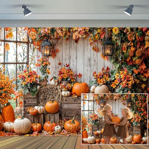 7 x 5 ft Fall Backdrop Autumn Pumpkin Rustic Wooden Floor Barn Harvest Family Holiday Photo Background Maple Leaves Thanksgiving Photoshoot Portrait Photo Backdrops Decorations - color: Yellow3, size: 7x5ft