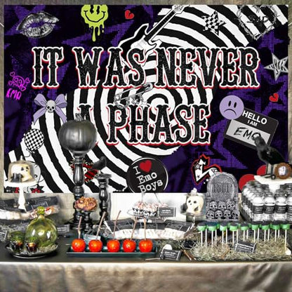 Emo Theme Birthday Party Backdrop 5x3FT, “It was Never A Phase” Banner, Goth Punk Rock Grunge Aesthetic Background Photo Props Wall Decorations for Sad Girl Teen Adult