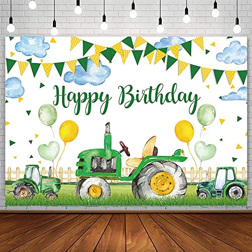 AIBIIN 10x7ft Farm Tractor Birthday Backdrop for Kids Green Grass Balloon Colorful Flag Clouds Photography Background Happy 1st Birthday Party Decorations Photo Shoot Studio Props Cake Table Banner - size: 10x7ft