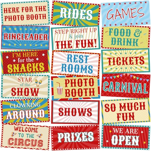 Beeveer 24 Designs Carnival Party Decorations Photo Booth Props Circus Decorations Double Sided 11.2 x 5.5''Funny Carnival Birthday DIY Waterproof Selfie Signs PVC Printing Photo Props for Decor - color: Colorful, style: Carnival