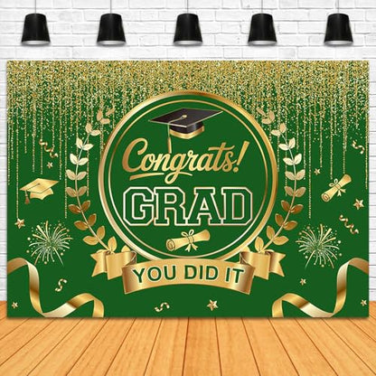Graduation Backdrop Congrats Grad You Did It Party Decorations Background Congratulations Graduate Class of 2026 Banner Photo Booth Props (Green and Gold, 7x5ft) - color: Green and Gold