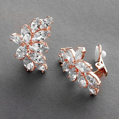 Mariell Clip-On Cubic Zirconia Crystal Bridal Earrings, Marquise Shape CZ Curved Clusters, Women Earrings for Wedding, Bridesmaids, Homecoming, Mother of the Bride - color: Rose Gold Clip On