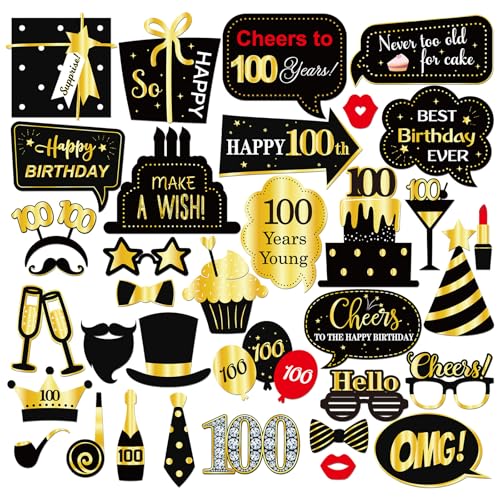 INNORU 100th Birthday Photo Booth Props, Women Men Birthday Photoshoot Funny Birthday Party Photography Props Favor 100 Years Old Centerpiece Sticks Decorations Black & Gold 35 PCS - size: 100
