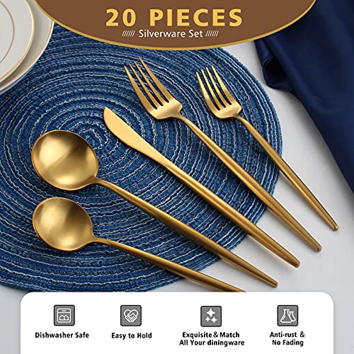 Matte Gold Silverware Set, Oliviola 20-Piece Stainless Steel Flatware Cutlery Set Service for 4, Satin Finish Kitchen Utensil Set, Dishwasher Safe - color: Gold, size: 20-piece