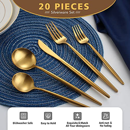 Matte Gold Silverware Set, Oliviola 20-Piece Stainless Steel Flatware Cutlery Set Service for 4, Satin Finish Kitchen Utensil Set, Dishwasher Safe - color: Gold, size: 20-piece