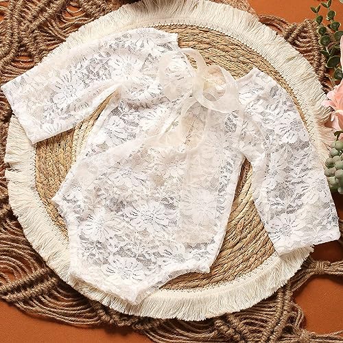 Baby Photography Props Outfit Lace Rompers Newborn Girl Photo Shoot Outfits Flower Headband Princess Costume - color: White E