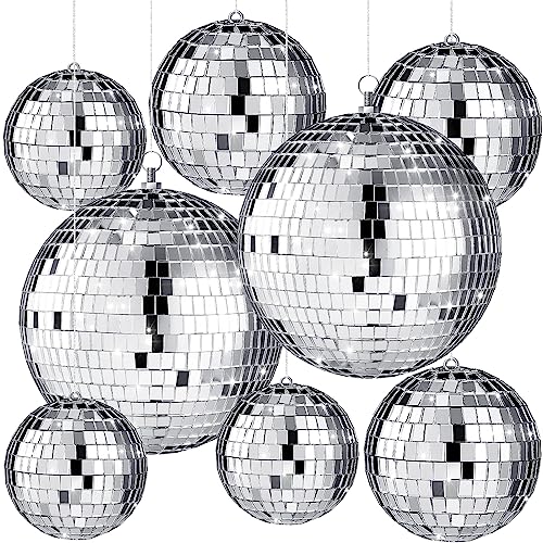 Haull 8 Pcs Large Disco Ball Set Silver Mirror Disco Reflective Ball with Hanging Ring Party Ornament Decoration for Stage Club Ballroom Dance Hall Wedding Prom Props(3'', 4'', 6'') - size: 3'', 4'', 6''