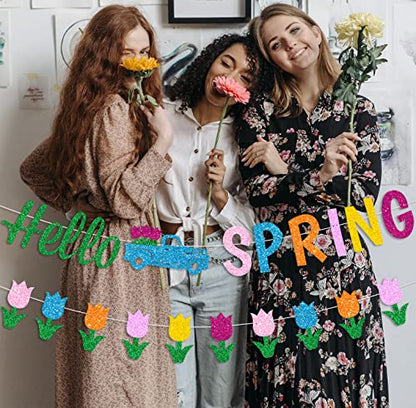 Glitter Hello Spring Banner with Tulip Truck Signs and Colorful Glittery Tulips Banner Hello Spring Flowers Garland Easter Birthday Party Fireplace Mantle Decorations