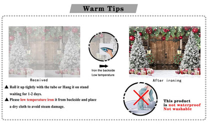 8x10ft Christmas Backdrop Snowy Wooden Door Background Pine Garland Christmas Trees Gifts Lanterns Red Gold Ornament Winter Photography Backdrop Xmas Party Banner Home Wall Decoration 114 - size: 10 x 8ft