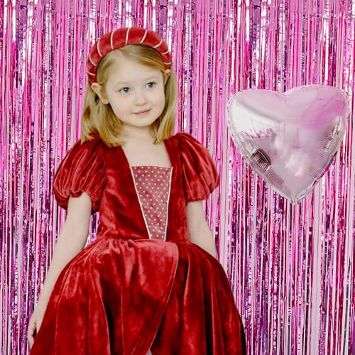 Pink Backdrop Birthday Party Decorations 3.3x8.2ft, 2 Pack Tinsel Foil Fringe Curtains for Valentines Day, Door Streamers for Galentines Easter Mother's Day Friendsgiving Barbie Princess Wedding - color: Pink
