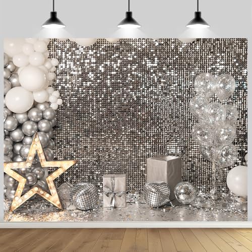 8x6FT Silver Sequin Photo Backdrop Balloons Star Shiny Sparkle Theme Photography Background Birthday Wedding Celebration Events Party Banner Decoration Photoshoot Supplies Polyester - size: 8x6FT