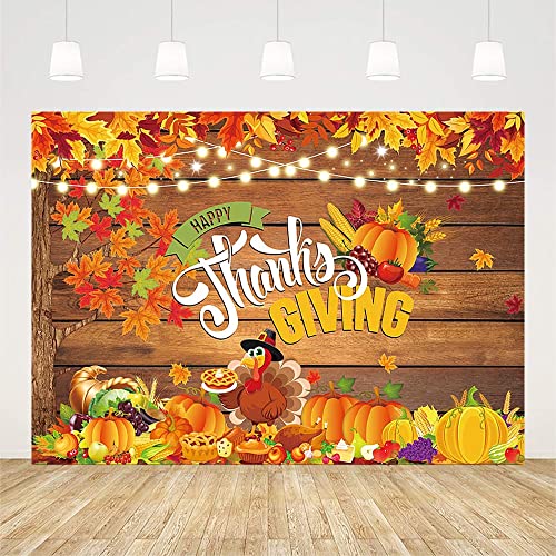 Sendy 7x5ft Happy Thanksgiving Backdrop Give Thanks Autumn Harvest Party Decorations Supplies Fall Pumpkin Turkey Maple Leaves Rustic Wood Banner Photography Background Event Photo Shoot Props Vinyl