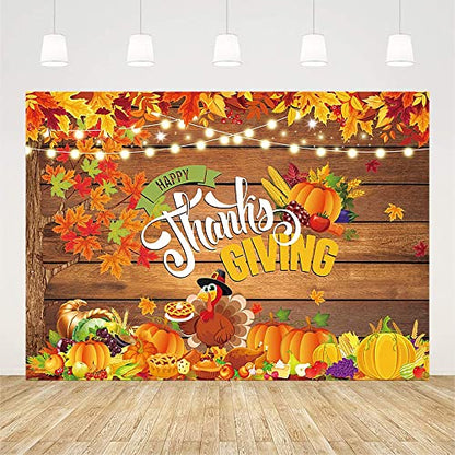 Sendy 7x5ft Happy Thanksgiving Backdrop Give Thanks Autumn Harvest Party Decorations Supplies Fall Pumpkin Turkey Maple Leaves Rustic Wood Banner Photography Background Event Photo Shoot Props Vinyl