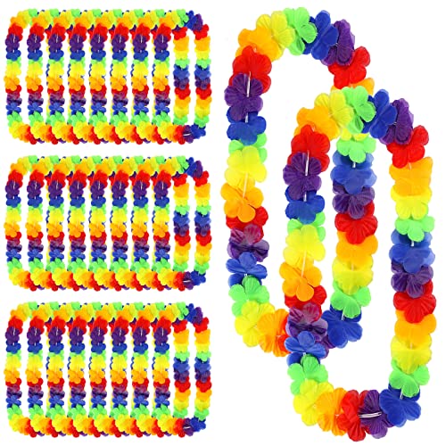 Hoteam 24 Counts Rainbow Hawaiian Leis Gay Bulk Necklace Tropical Flower Lei Floral Luau Party Decorations Flower Luau Necklaces Hula Dance Garland Headbands for Beach Wedding LGBT Pride Party Favors - color: Rainbow