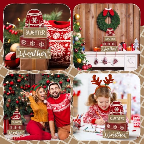 Lineshading 4 Pcs Christmas Table Decorations Ugly Sweater Christmas Decor Winter Tiered Tray Decor Xmas Centerpiece Decorative Ugly Sweater Block Signs Gift Farmhouse Xmas Decoration for Home Kitchen - style: Christmas Sweate