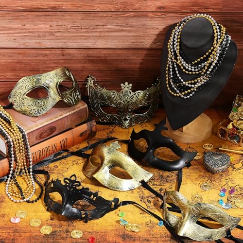 Bucherry 88 Pcs Masquerade Masks Beads Necklace Set Vintage Venetian Mask Metallic Beaded Necklace for Carnival Cosplay Prop - style: Vintage Style