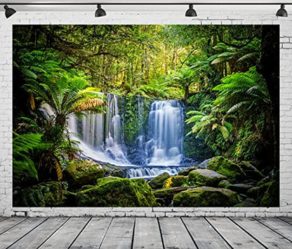 BELECO 12x10ft Fabric Jungel Forest Waterfall Photography Backdrop Tropical Rainforest Cascade Green Trees Landscape Background Walking Travel Outdoor Camping Activity Photo Shoot Studio Props - size: 12x10FT