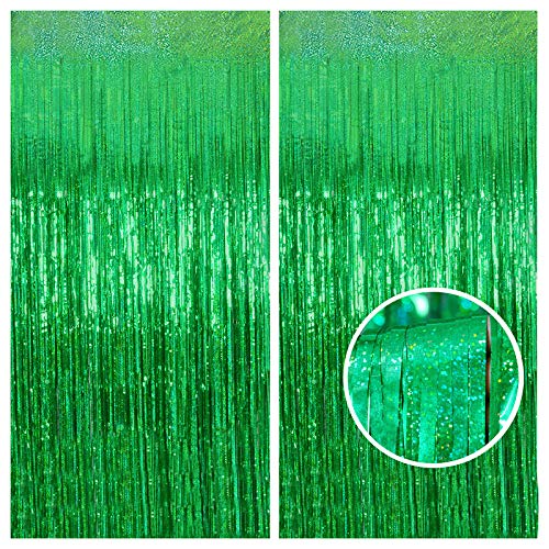 Green Tinsel Curtain Backdrop for Masters Golf Party Decorations – Melsan 3.2 ft x 8 ft Metallic Foil Fringe Curtains for Irish Party, Jungle Birthday, Dinosaur, Photo Booth Party Decor - 2 Pack - color: Green