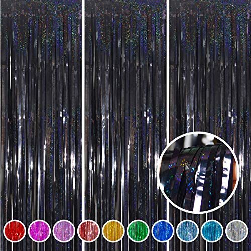 Graduation Decorations 2026 Foil Fringe Curtains- Melsan 3 Pack 3.2 x 8.2 ft Black Tinsel Curtain Photo Backdrop for Birthday Decorations Retirement Party Decorations Black - color: Black
