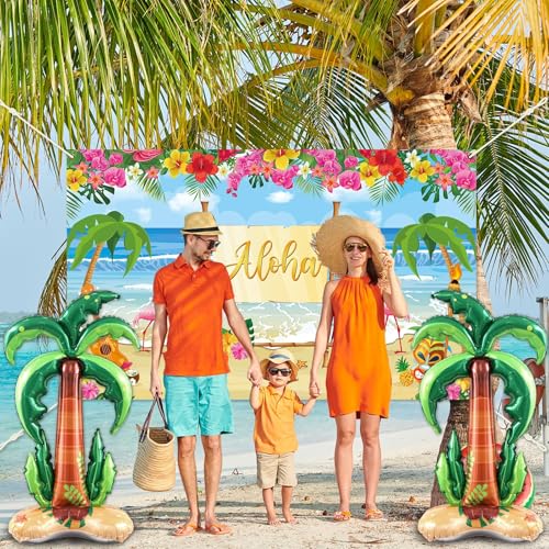 Summer Hawaiian Beach Backdrop for Aloha Luau Party Decor with Inflatable Coconut Tree Foil Balloons Hawaiian Beach Photo Booth Props Banner Palm Tree Balloon for Tropical Sea Palm Birthday Supplies