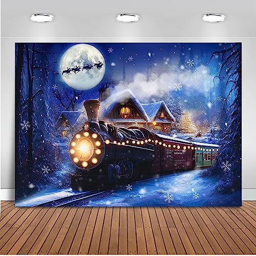 Mocsicka Christmas Train Backdrop for Photography Winter Train Xmas Snow Night Railway Party Background Wonderland Snowflake Portrait Photo Studio Props (6x4ft) - size: 6x4ft