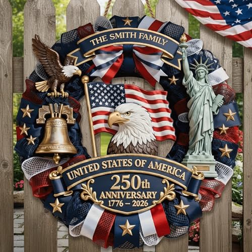 Personalized 250th Anniversary Patriotic Wood Wreath Door Sign 1776-2026, Custom Family Name Round Door Hanger, Independence Decor, Decoration Gifts, Gift For Mom, Dad, Brother, Family /1 - color: Design 01