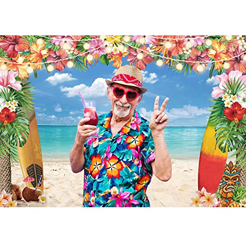 10x8ft Summer Hawaiian Luau Beach Backdrop for Photography Tropical Flower Luau Hawaiian Party Decorations Aloha Blue Sky Ocean Palm Leaves Background Supplies Photoshoots - size: 10'x8'