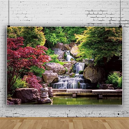 20x10ft Japan Garden Landscape Backdrop Retro Style Park View Photography Background Waterfall Maple Trees Bridge Kyoto Garden Travel Children Portrait Photo Props Japanese Backdrop for Party - size: 20x10ft